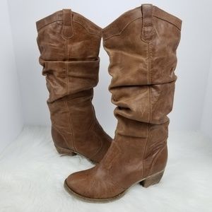X MIA RUCHED DESIGN LEATHER UPPER BROWN BOOTS